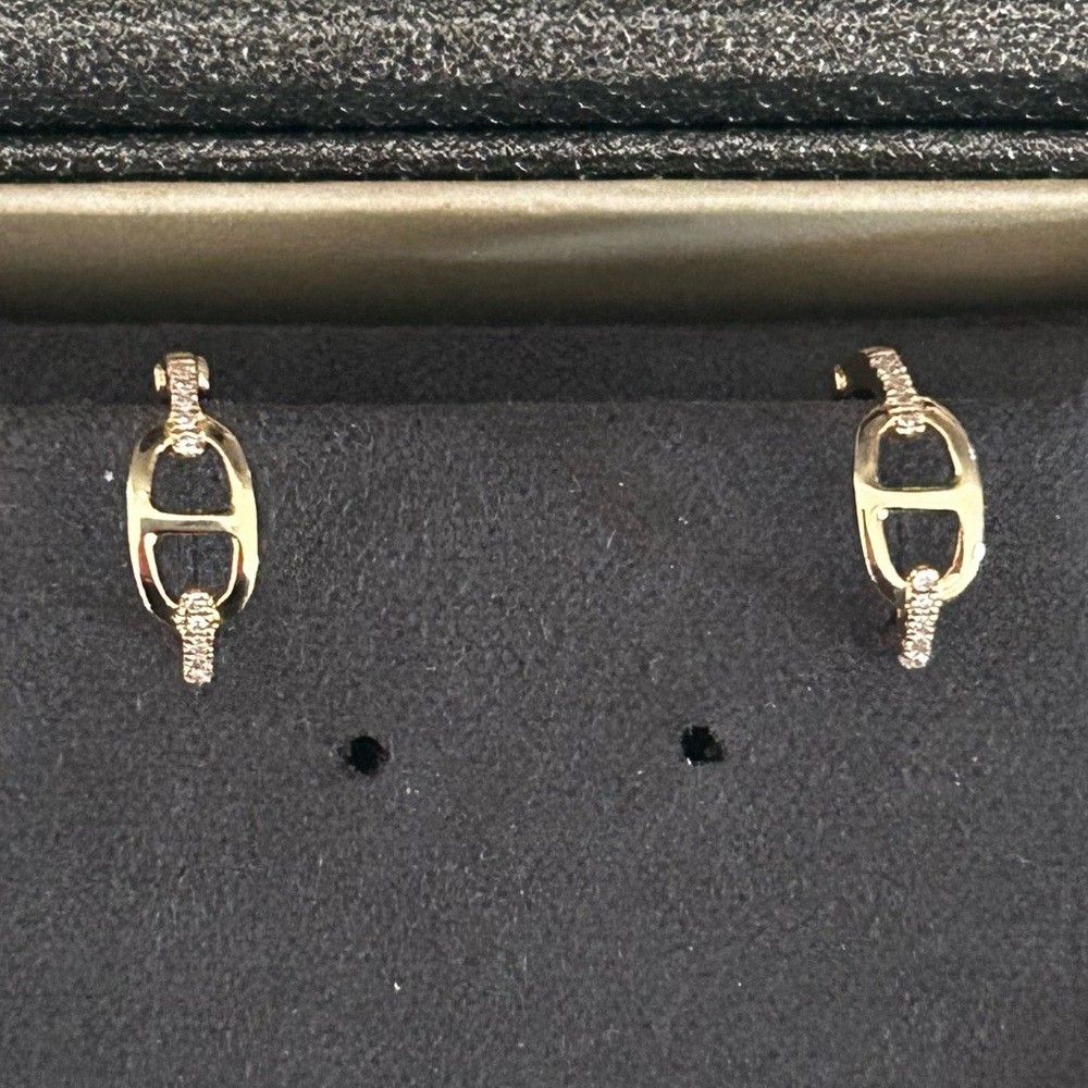14k Gold Huggie Earrings with Diamond Accents - Picture 2 of 4